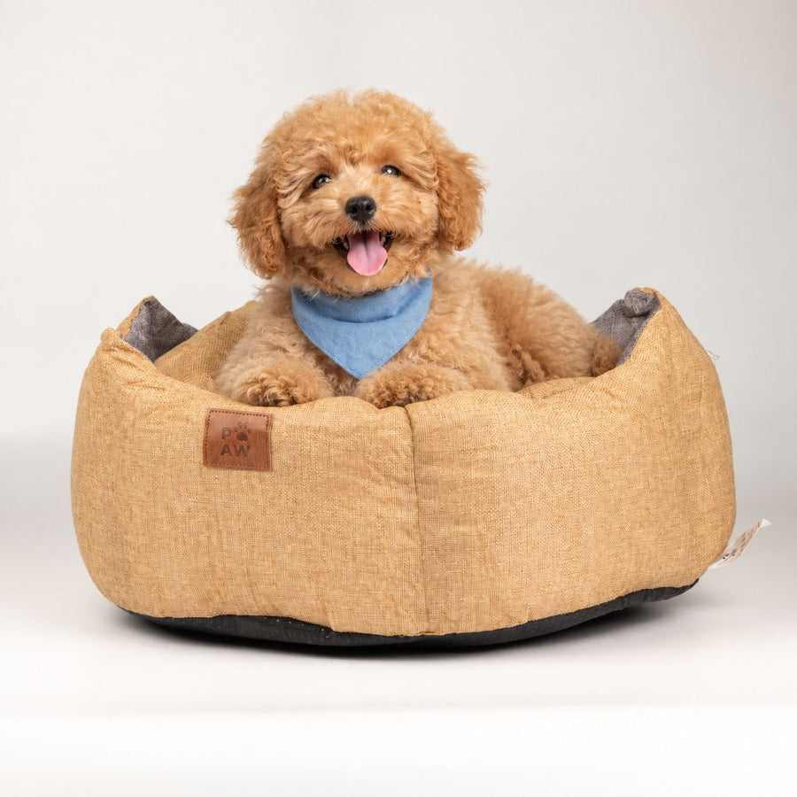 Paw Bed – Medium Royal Crown – Sand & Grey – 50 × 50 × 26cm