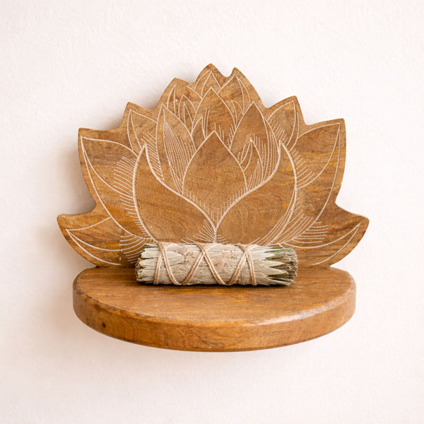 Hand-Carved Lotus Wall Shelf – Whitewashed Mango Wood